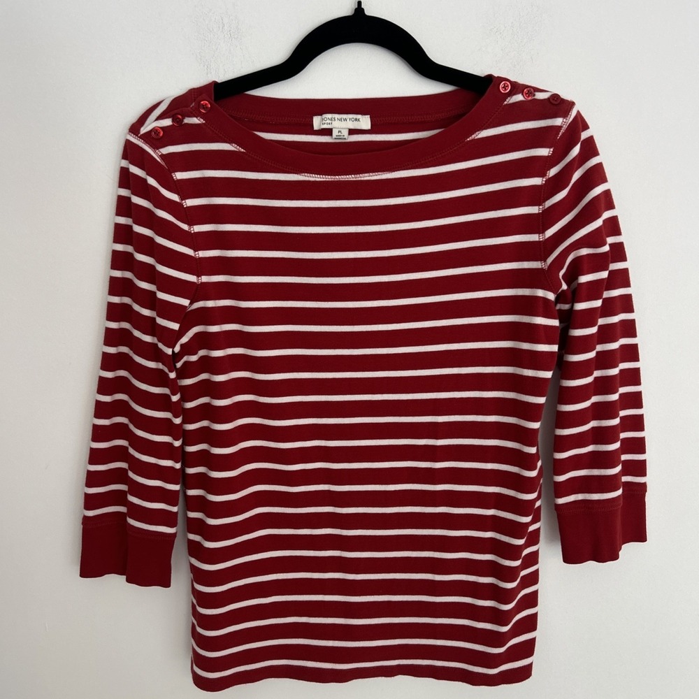 Jones New York Sport Women's PL Red White Stripe Pullover 3/4 Sleeves Cotton